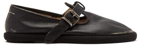 T Strap Leather Flats - Womens - Black