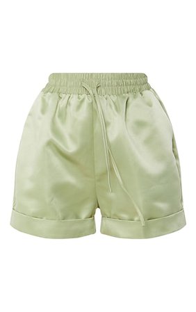 Olive Green Satin Turn Up Hem Floaty Shorts | PrettyLittleThing USA