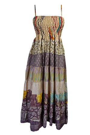 Mogul Interior Women's Maxi Dress Vintage Printed Patchwork Tiered Long Dresses S/M at Amazon Women’s Clothing store: