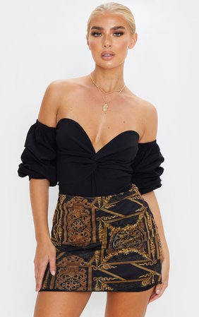 Black Woven Bardot Ruched Bodysuit | Tops | PrettyLittleThing