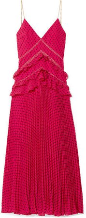 Chain-trimmed Swiss-dot Chiffon Maxi Dress - Fuchsia