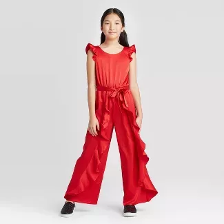 Girls' Ruffle Satin Jumpsuit - Art Class™ Red : Target