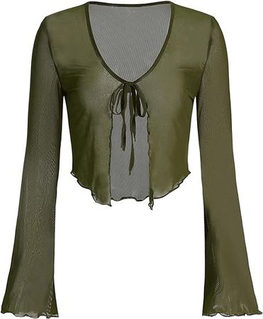 Verdusa Women's Sheer Shrug Crop Top Long Sleeve Tie Front Lettuce Trim Mesh Open Cardigan Top at Amazon Women’s Clothing store