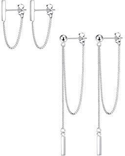Milacolato 2Pairs Minimalist Tiny Bar Earrings with Threader Chain Sterling Silver Dangle Chain Earrings for Women