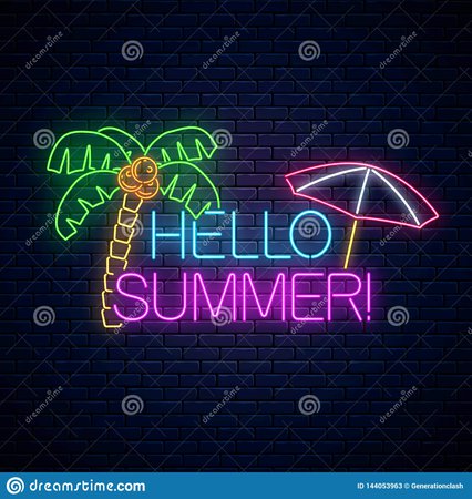 Neon Summer Poster With Lettering, Palm Tree And Beach Umbrella. Summer Banner, Signboard, Symbol Stock Vector - Illustration of season, background: 144053963