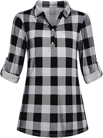 Cestyle Plaid Blouse for Women, Woman Business Casual Clothes Loose Fitting Plaid Long Sleeve Notch V Neck Semi Formal Fall Wear Flattering Tartan Shirts Blue Large at Amazon Women’s Clothing store