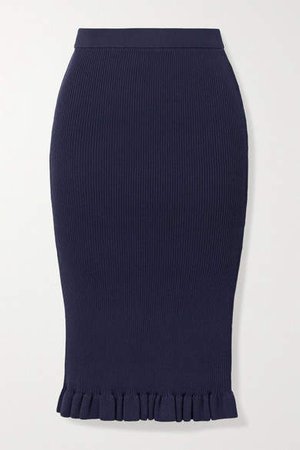Ruffled Ribbed Stretch-knit Skirt - Navy