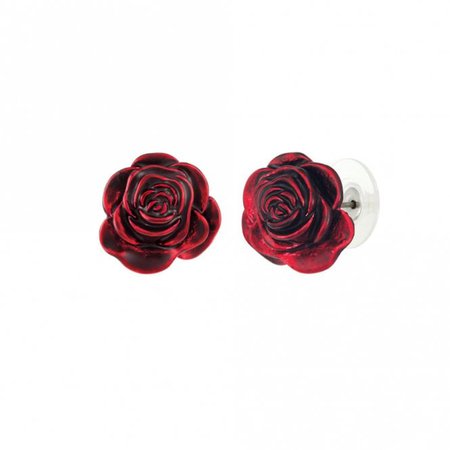 Red Red Rose Enamel Silver Tone Flower Stud Pierced Earrings