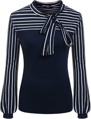 Amazon.com: Zeagoo Women Tie-bow Neck Striped Long Sleeve Stretch Bowknot Shirt,X-Large,Navy Blue: Clothing