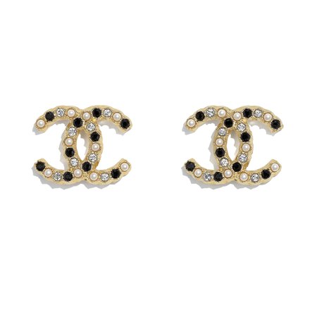 Chanel, earrings Metal, Glass Pearls & Strass Gold, Pearly White, Black & Crystal
