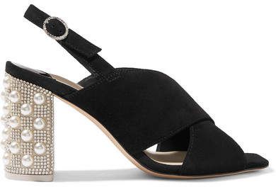 Nina Crystal And Faux-pearl Embellished Suede Slingback Sandals - Black