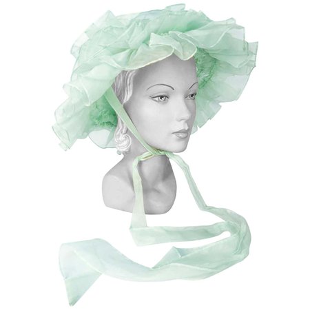 1970's Sea Foam Green Whimsical Fashion Hat with Layered Ruffles For Sale at 1stDibs