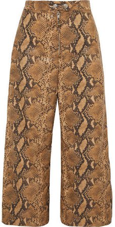 Nuance Cropped Snake-effect Faux Leather Wide-leg Pants - Brown
