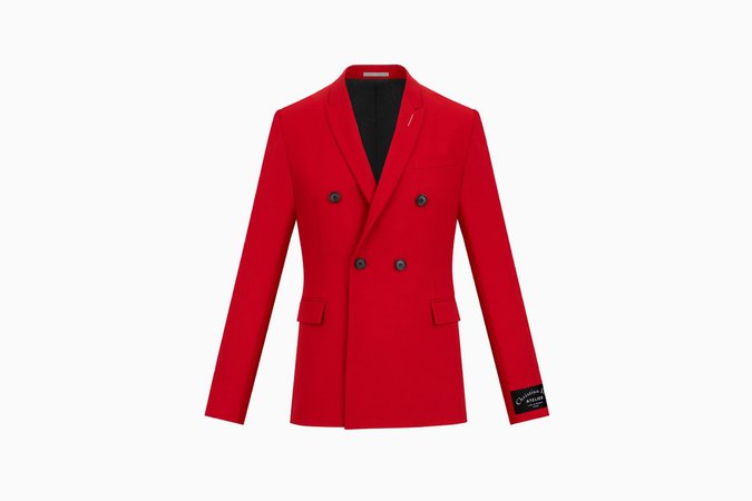 DOUBLE-BREASTED JACKET, "CHRISTIAN DIOR ATELIER" LINING, RED WOOL AND MOHAIR