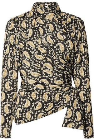 Cutout Ruched Paisley-print Stretch-jersey Turtleneck Top - Black