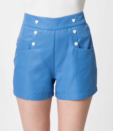 Unique Vintage 1940s Style Sky Blue High Waist Sailor Debbie Shorts
