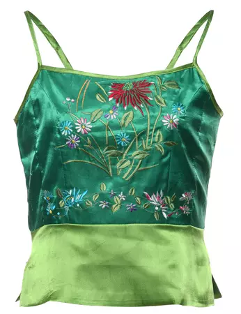 Women's Floral Embroidered Green Silky Cami Top Green, M | Beyond Retro - E00918823