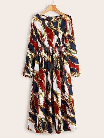Allover Chain Print Shirred Waist Dress | SHEIN
