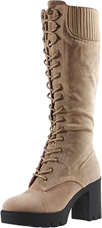 Amazon.com | Generation Y Women's Knee High Combat Boots Lace Up Chunky Heel Knitted Cuff Zipper Closure Brown PU Size 8 | Knee-High