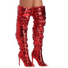 red sequin high knee boots