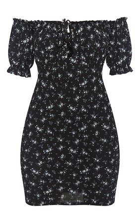 Black Ditsy Floral Tie Bardot Jersey Bodycon Dress | PrettyLittleThing