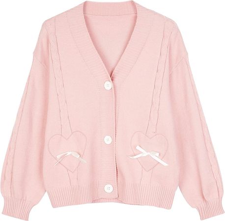 Women Kawaii Sweater Cardigan with Cute Bowknot and Heart Pink X-Large at Amazon Women’s Clothing store