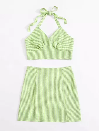 Gingham Ruched Bust Halter Top With Skirt | SHEIN USA
