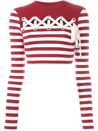 red and white stripe lace up crop top