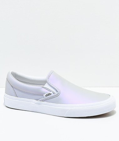 Womens Silver Slip-Ons - Vans Slip-On Iridescent Muted Metallic Grey & White Skate Shoes Silver - D Treads