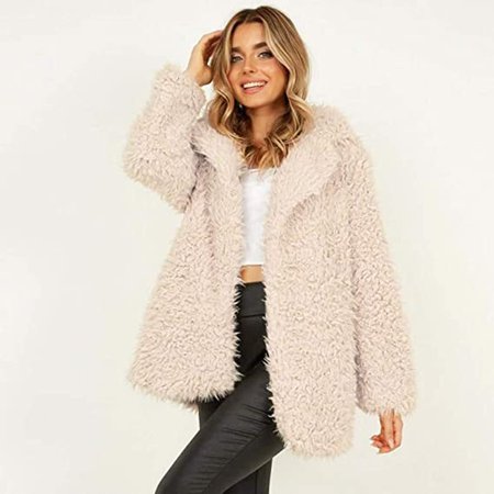 Women’s Plush Faux Fur Jacket NRUTUP Lapel Furry Fleece Jacket Long Cute Teddy Bear Jacket Winter Warm Outwear Overcoat (Beige, 14) at Amazon Women's Coats Shop