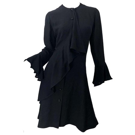 1990s Emanuel Ungaro Size 10 Black Rayon Vintage 90s Bell Sleeve Wrap Dress For Sale at 1stDibs