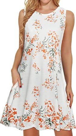 Summer Dresses for Women Beach Floral Tshirt Sundress Sleeveless Pockets Casual Loose Tank Dress at Amazon Women’s Clothing store