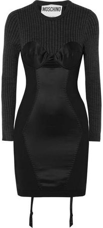 Paneled Ribbed Wool, Satin And Crepe Mini Dress - Black