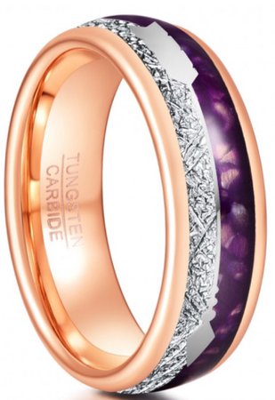 Purple, silver, and rose gold engagement ring