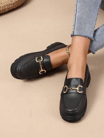 Women's Comfortable And Versatile Black Pu Leather Loafers With Metallic Decorations For Autumn And Winter | SHEIN