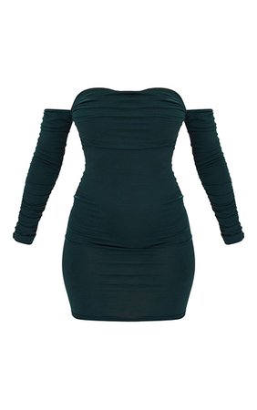 Emerald Green Ruched Bardot Bodycon Mini Dress | PrettyLittleThing USA