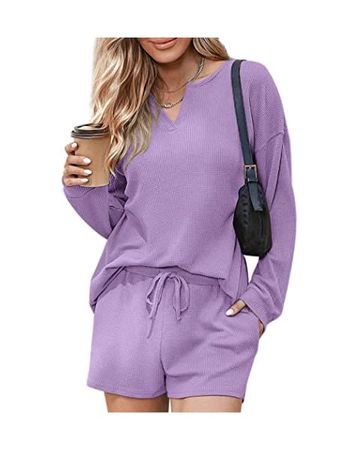 Women's Waffle Knit Pajama Set Long Sleeve Top and Shorts Lounge Sets Sleepwear Loungewear with Pocket at Amazon Women’s Clothing store