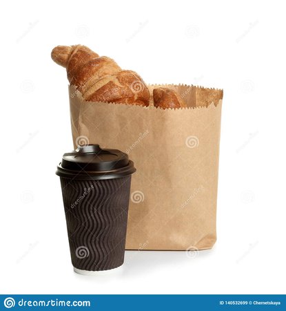Paper Bag With Croissants And Cup Of Coffee On White. Space For Design Stock Image - Image of fresh, design: 140532699