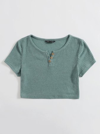 Buttoned Rib Knit Crop Tee | SHEIN USA
