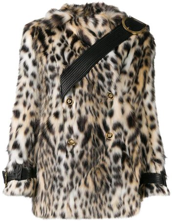 double-breasted leopard print faux-fur coat