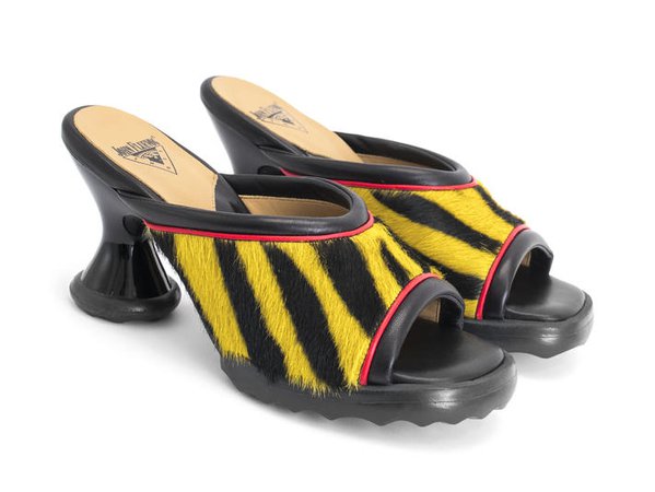 Fluevog Shoes | Shop | Dede (Yellow Tiger) | Open toe mule heel
