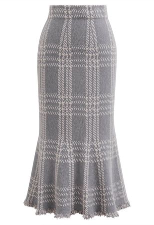 Vintage Plaid Fringed Hemline Knit Skirt in Grey - Retro, Indie and Unique Fashion