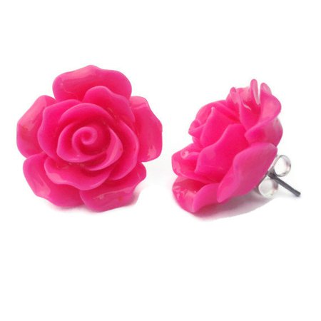 Large Hot Pink Rose Earrings Pink Resin Flower Stud Earrings | Etsy
