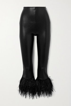 Feather-trimmed Faux Leather Leggings - Black