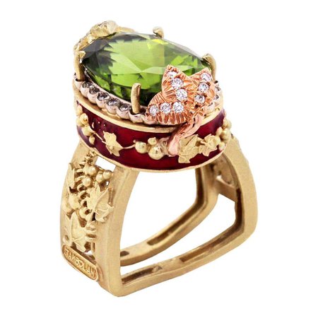 Peridot and Diamond Floral Ring with Red Enamel Rose and Yellow Gold Stambolian at 1stDibs