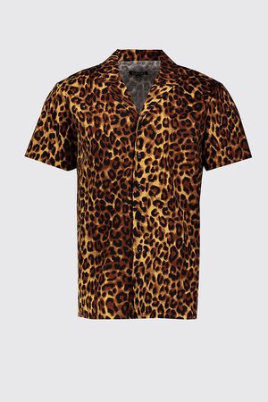 Leopard Print Oversized Short Sleeve Revere Shirt - boohooMAN