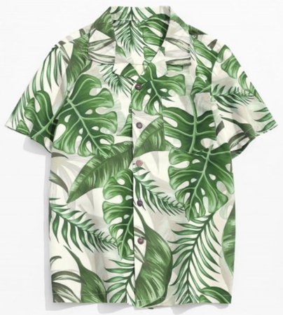 Tropical Leaf Print Hawaii Pocket Button Up Shirt -