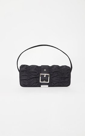 Black Ruched Gold Buckle Shoulder Bag | PrettyLittleThing