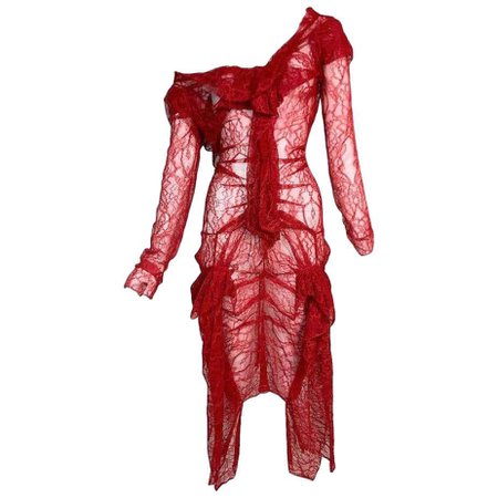 S/S 2003 Christian Dior by John Galliano Sheer Red Mesh Lace Dress For Sale at 1stDibs