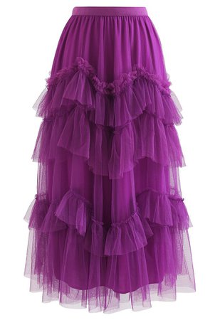 Exquisite Tiered Ruffle Mesh Tulle Skirt in Magenta - Retro, Indie and Unique Fashion